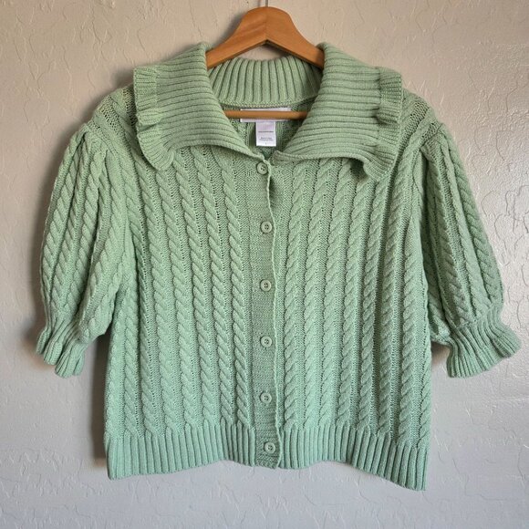 Cotton Emporium Sweaters - Cotton Emporium Cable Knit Puff Sleeve Cardigan Mint Sz L Cottagecore Ruffle NEW